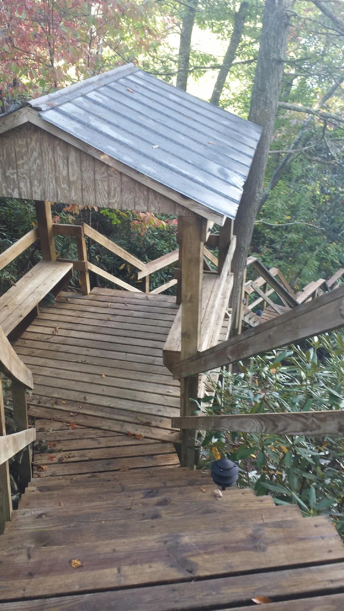 Metal roofed shelter over wooden steps on a wooded walkway — Skylight Repair & Installation work by our crew in Lula